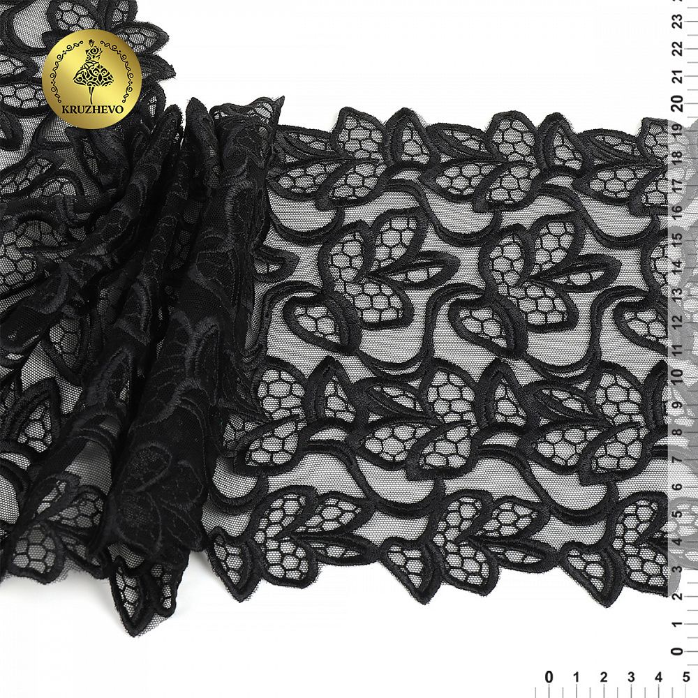 Кружево на сетке (вышитое) арт.T99 180мм цв.черный уп.6м, Kruzhevo