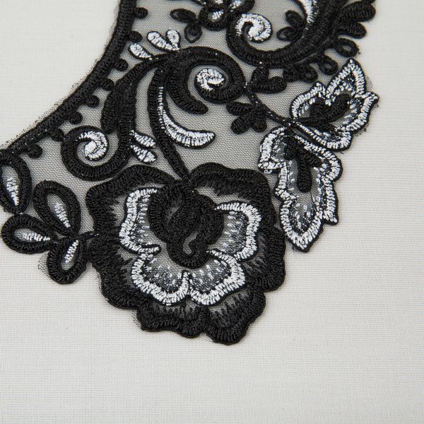 Пришивной кружевной воротник 100 мм, на сетке, 5 пар, Турция, черный/под серебро, Gamma VKRM-27-03