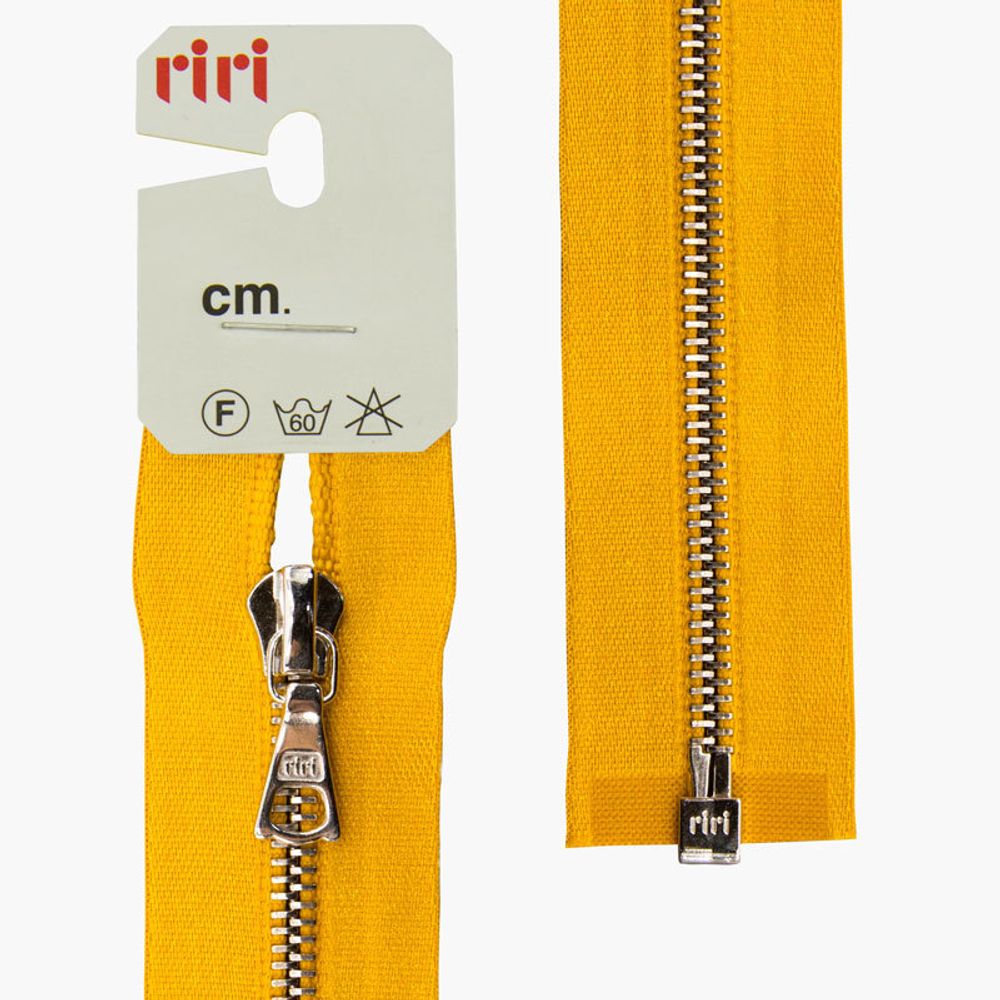 Молния металл RIRI Т4 (4 мм) Ni, 1 зам., разъем., атлас. тесьма, 70 см, цв. тесьмы 5339, горчичный, упак. 5 шт /TOS/