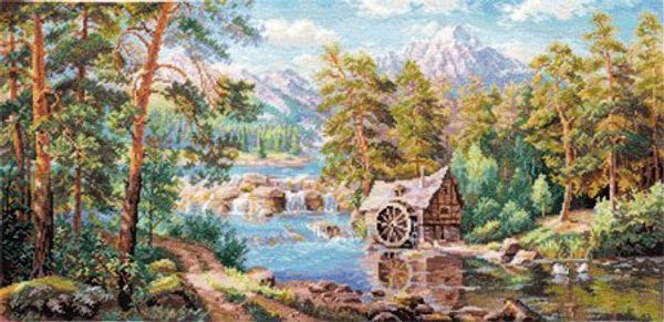 Набор для вышивания нитками Алиса, Пейзаж с мельницей 53х26 см