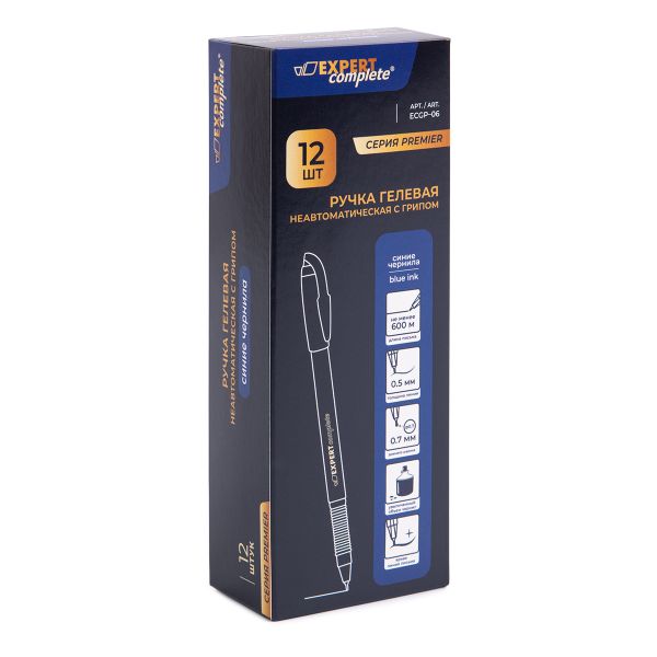 Ручка гелевая неавтоматическая с грипом ECGP-06 0.5 мм, 12 шт, 01 цвет чернил: синий, Expert Complete ECGP-06