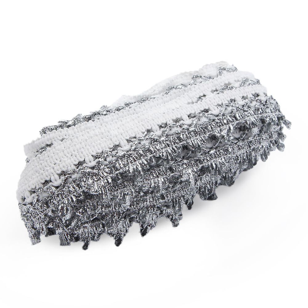 Тесьма отделочная вязаная 32мм / 10м (белый/серебро), С1438Г7