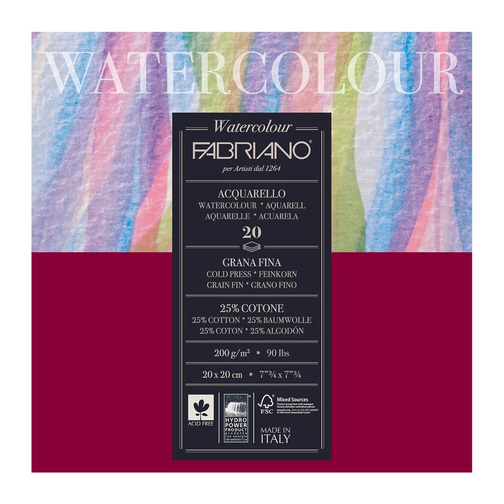 Альбом для акварели Watercolour 200 г/м², 20х20 см, склейка с четырех сторон 20 л, среднезернистая, Fabriano