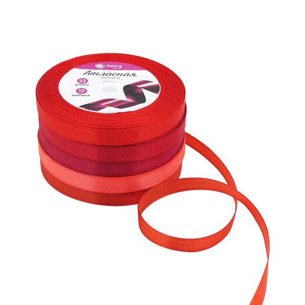 Набор атласных лент 5 цветов по 10.0 мм / 23 метра, красный микс
