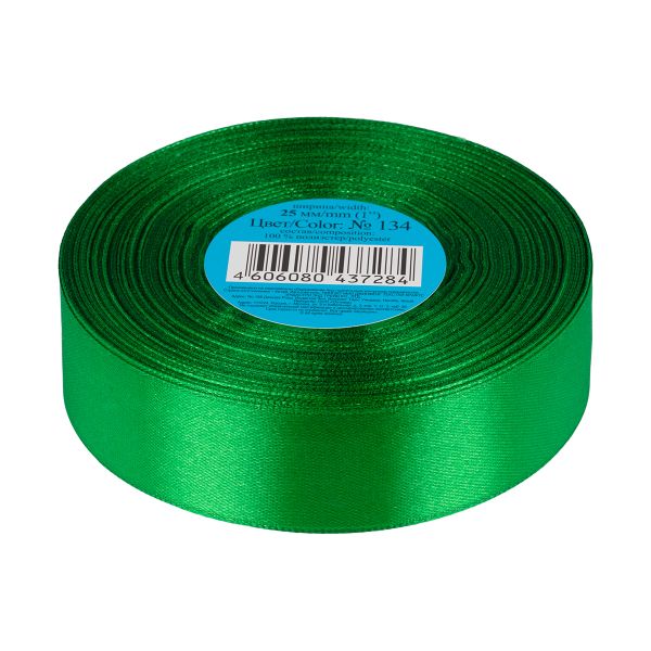 Лента атласная 1-сторонняя 25.0 мм / 33±2 метра, №134 зеленый, в термоплёнке, Gamma