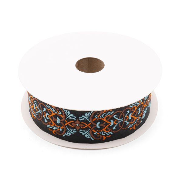 Лента (тесьма) жаккардовая 35.0 мм / 10±0.5 метров, Дамаск 35976 V3 черный/голубой