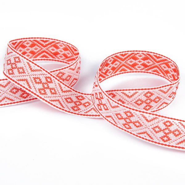 Лента (тесьма) жаккардовая 18.0 мм / 25±1 метров, С3771, Славянский орнамент, рис 9536 красный, С3771