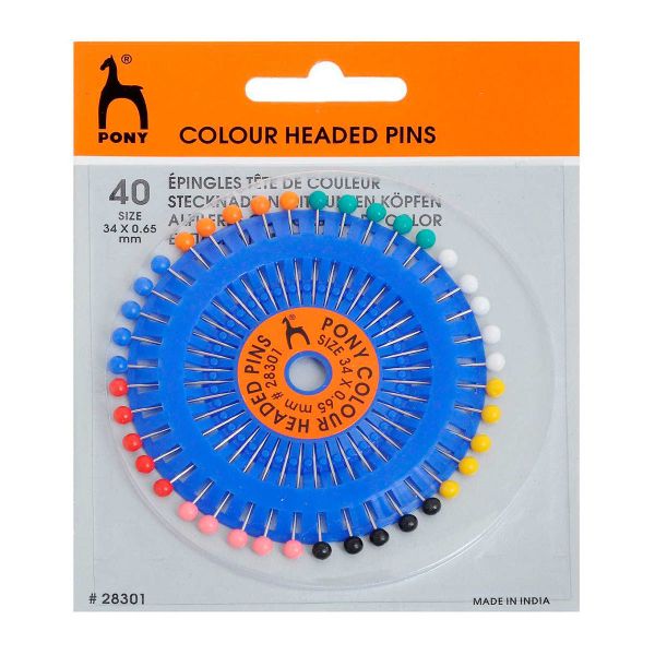 Булавки наметочные с цветной головкой 0,65мм/34мм, сталь/пластик, 40 шт, Pony