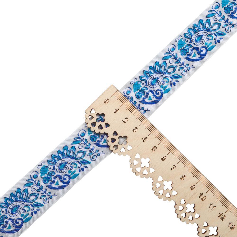 Лента (тесьма) жаккардовая 32.0 мм / 25±1 метров, Славянский орнамент Оберег, рис.9017 (4 белый/синий/голубой) С3774Г17