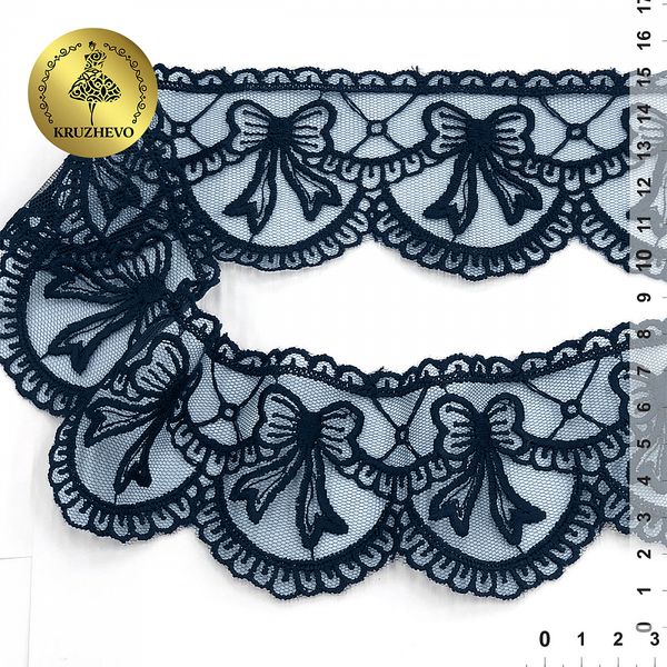 Кружево на сетке с матовой нитью с бантиками 60 мм, диз. 196, цв.т.синий уп. 13.71 м, Kruzhevo