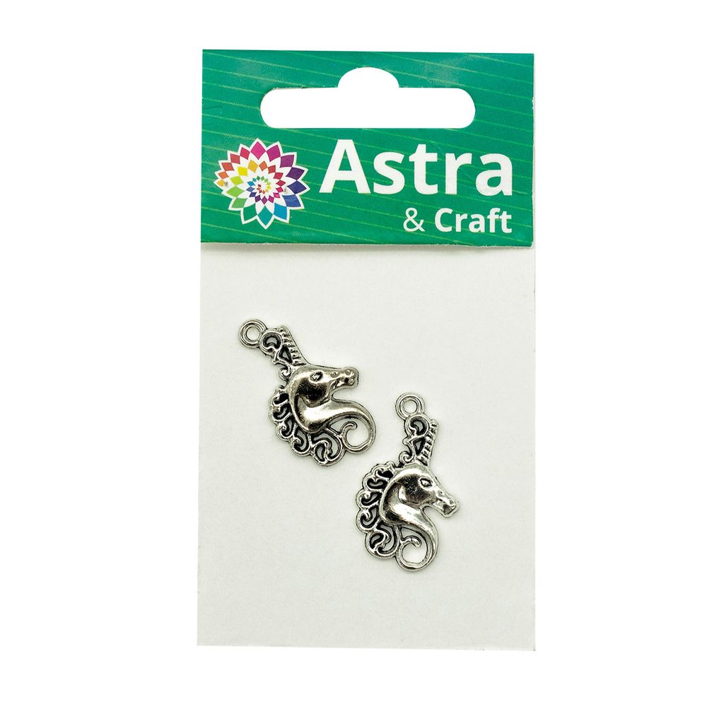 Подвеска металлическая голова единорога, 15х24 мм, 2 шт в упак, Astra&Craft, серебро