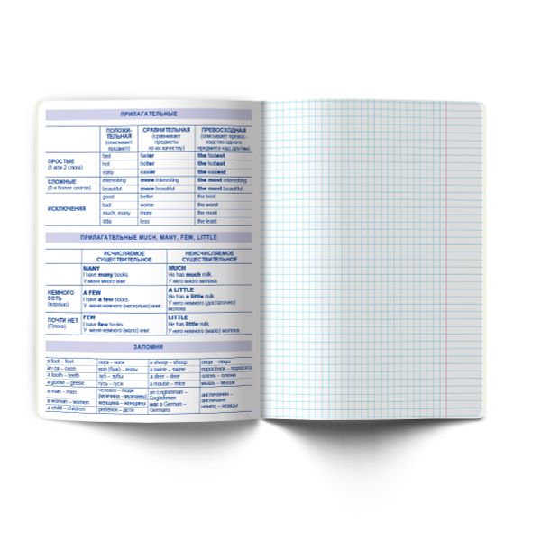 Тетрадь со справ.материал. Яркость по расписанию с запечат. пластик.обл. 320мкм, A5 48 л. на скобе 65 г/м², белизна 100% 10 шт, клетка, 01860 Яркость по расписанию Английский язык, Светоч Т288