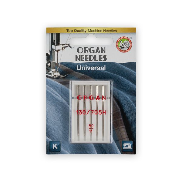 Иглы для швейных машин базовые универсальные 130/705 H, №80, 5 игл, 5105080BL 80, ORGAN