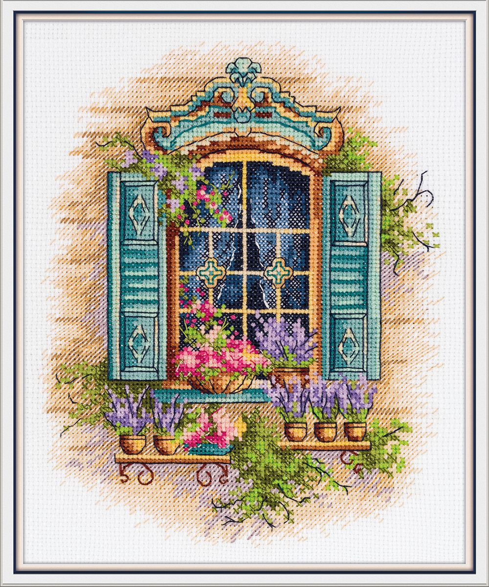 Набор для вышивания нитками Panna DE-7433, Окно с цветами, 18х21 см