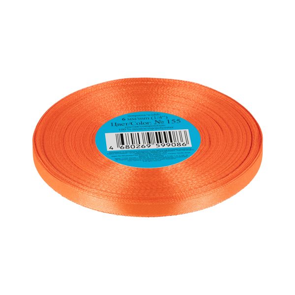 Лента атласная 1-сторонняя 6.0 мм / 33±2 метра, №155 св-оранжевый, в термоплёнке, Gamma
