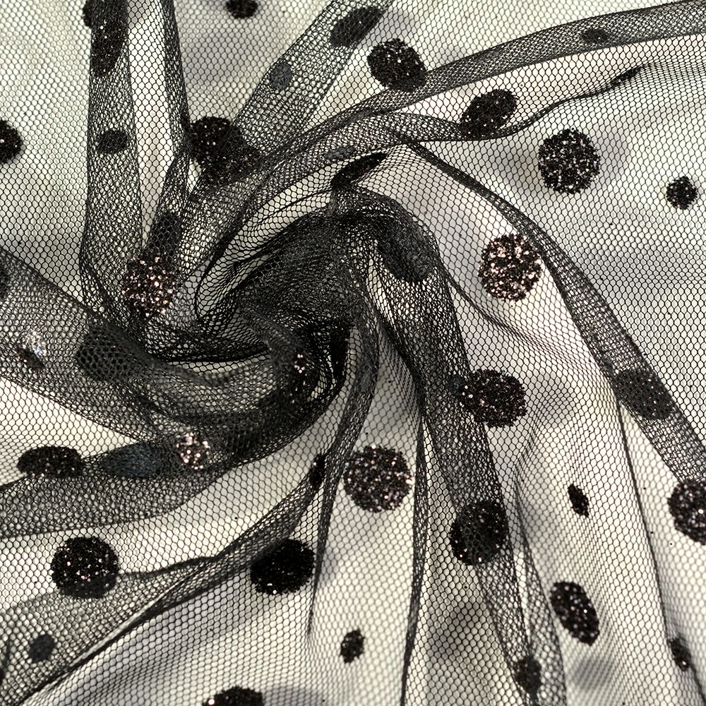 Фатин в горошек (флок) 150 см / 15-28 метров, 1712, цв.черный