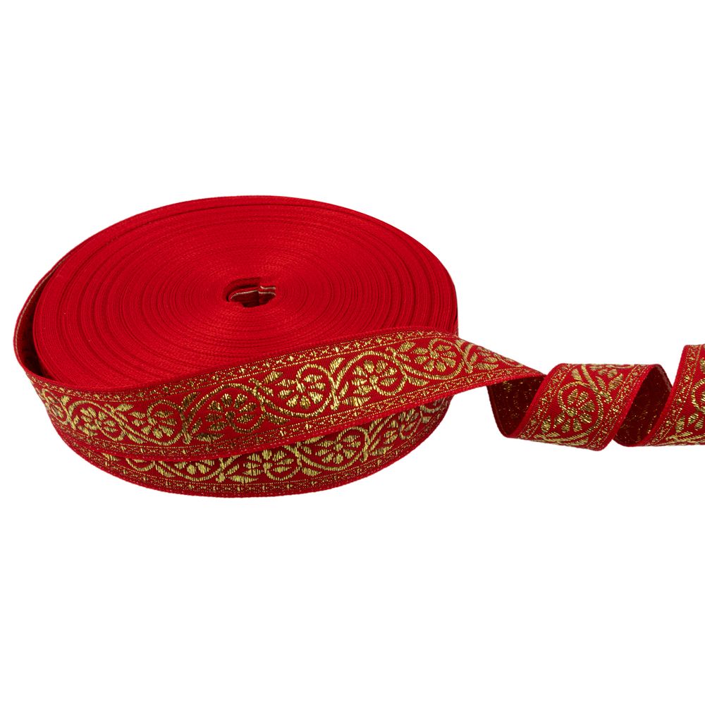 Лента (тесьма) жаккардовая 23.0-25.0 мм / 25 метров, красный /под золото, Blitz