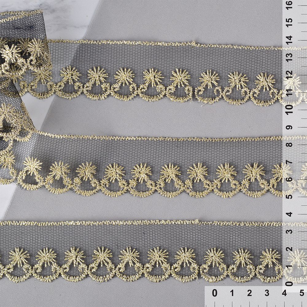 Кружево на сетке 35 мм, цв.черный/золото уп. 13.71 м, M09966, Kruzhevo Кружево на сетке 35 мм, цв.черный/золото уп. 13.71 м, M09966, Kruzhevo