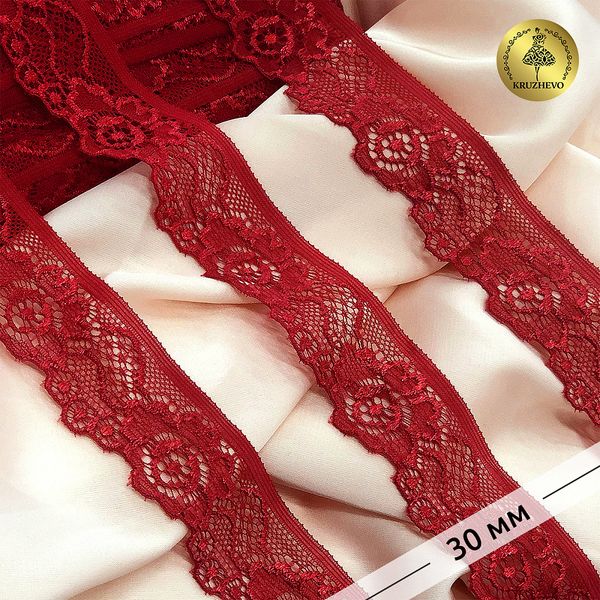 Кружево эластичное (стрейч) 30 мм, L839, цв.101 т.красный уп.50м, Kruzhevo