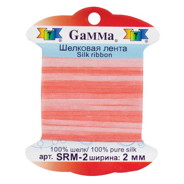 Лента (тесьма) шелковая 2.0 мм / 9.1±0.5 метров, M016 коралловый/бл.розовый, Gamma SRM-2