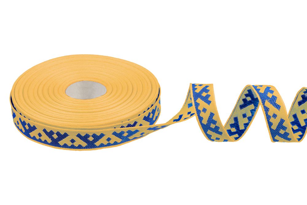 Лента (тесьма) жаккардовая 18.0 мм / 25±1 метров, Орнамент для северных народов, рис 6753 желто-синий (№5), Gamma С3771