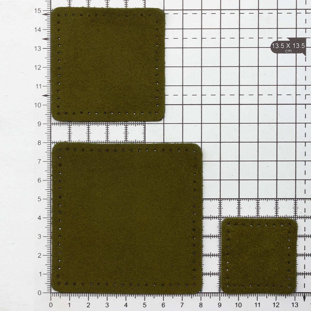 Набор заплаток пришивных из замши, квадрат 4см, 6см и 8см, с перфорацией, 3 шт, 100% кожа (33 хаки), 59402
