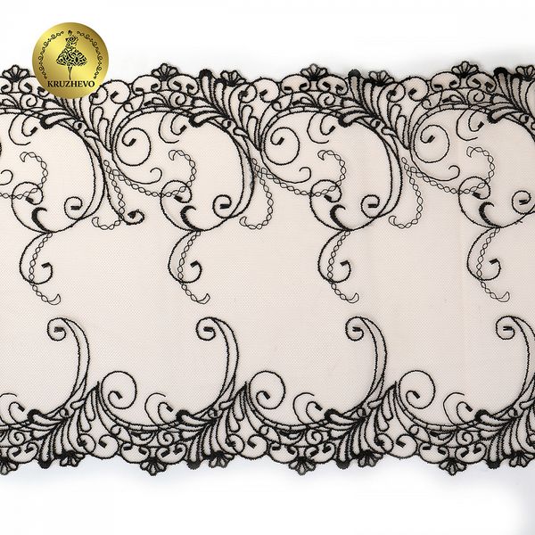 Кружево на сетке (вышитое) арт.T104 220мм цв.черный+телесный, правая уп.6,5м, Kruzhevo