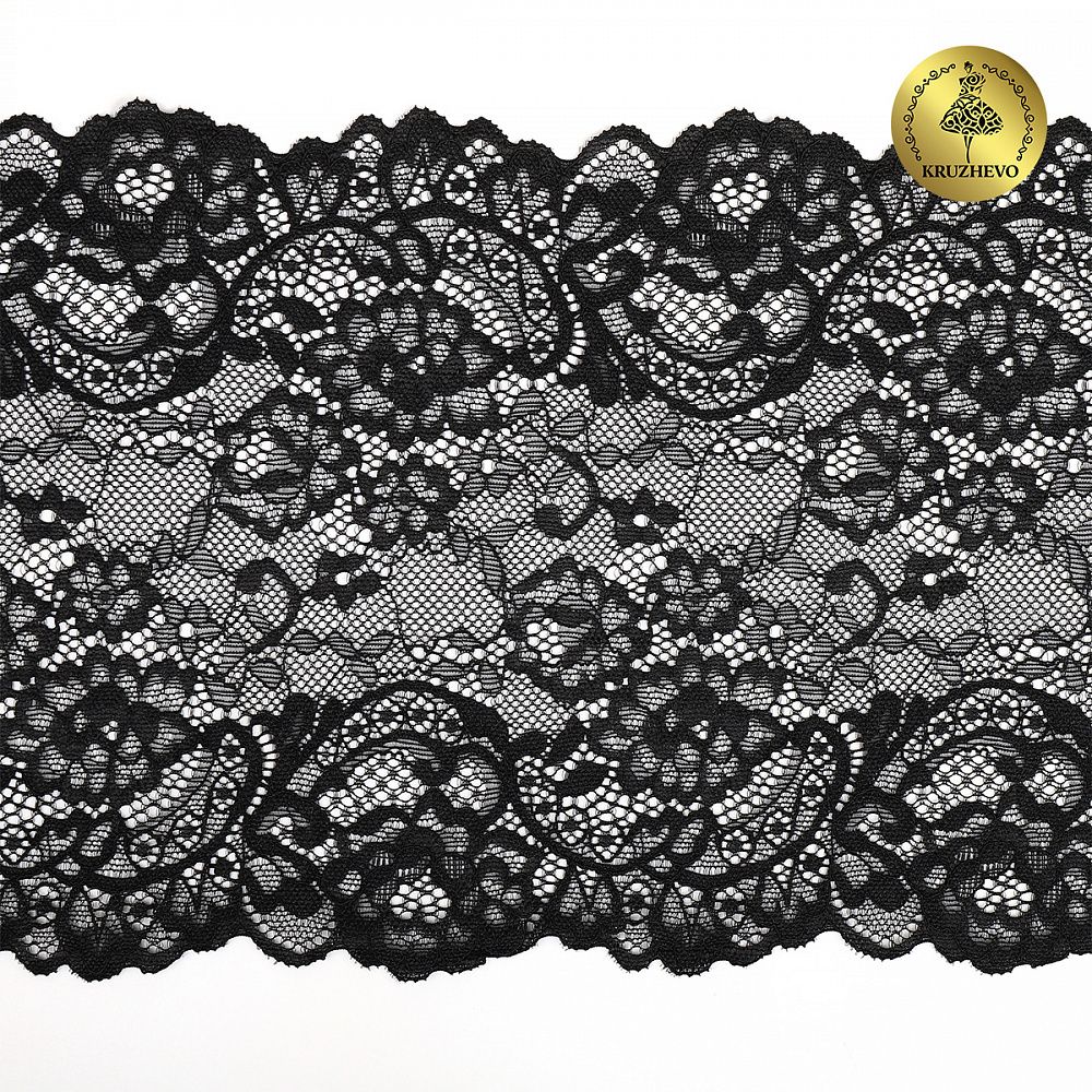 Кружево бельевое эластичное 190 мм / 10 м, 6378, цв.02 черный, Kruzhevo