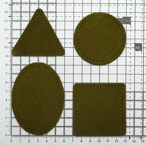 Набор заплаток пришивных из замши, круг, квадрат, треугольник, овал 6см, с перфорацией, 4 шт (33 хаки), 59723