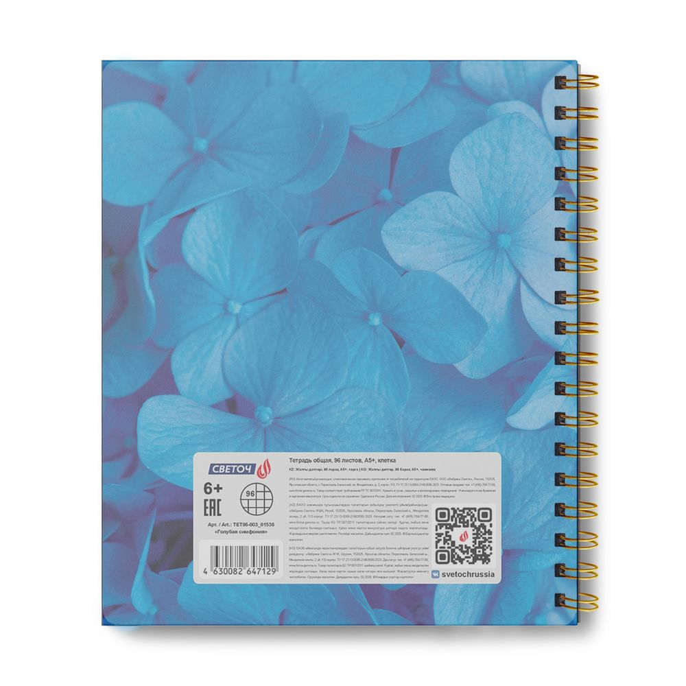 Тетрадь общая с пластик. обложкой с тисн. золотой фольгой, цвет. запечат. титульн.лист, 400 мкм, A5 96 л. на гребне 65 г/м², белизна 100% 4 шт клетка, 01536 Голубая симфония, Светоч ТЕТ96-003
