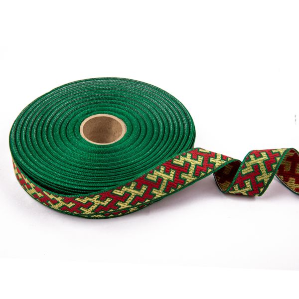 Лента (тесьма) жаккардовая 24.0 мм / 25±1 метров, рис.9615, Орнаменты и узоры народов севера, зеленый-красный-желтый, Gamma С3772Г17 рис.9615