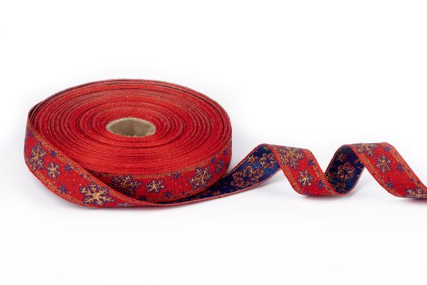 Лента (тесьма) жаккардовая 23.0 мм мм / 25±1 метров, рис. 8887В, лента, Снежинка, красный/зеленый/золото, Blitz С1857 рис. 8887В