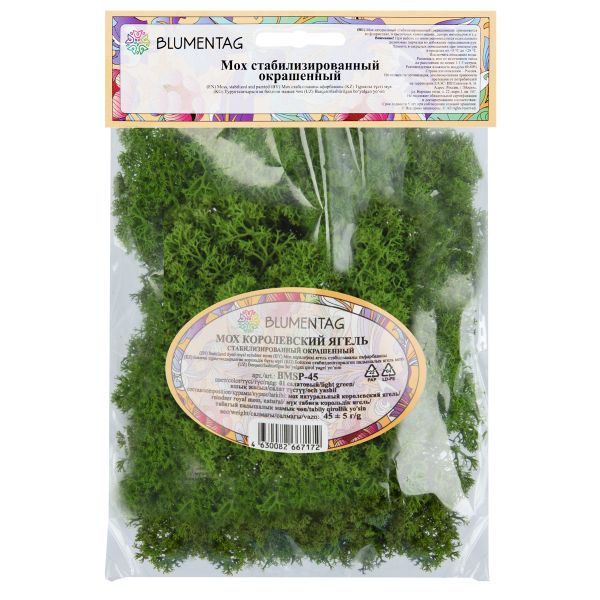 Мох королевский ягель стабилизированный окрашенный 45±5 г, №01 салатовый, Blumentag