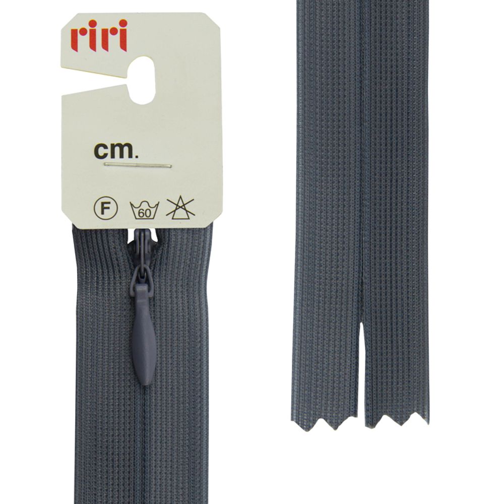 Молния скрытая (потайная) RIRI Т3 (3 мм), н/раз., 22 см, цв. тесьмы 2121, серый стальной, упак. 5 шт