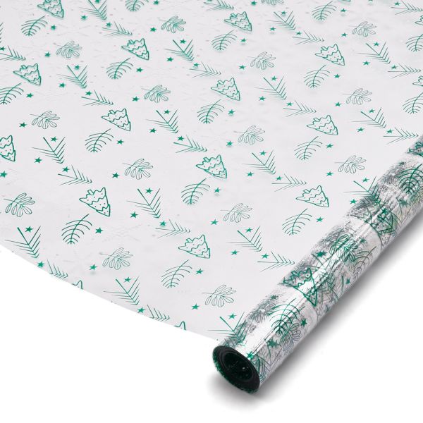 Пленка прозрачная с рисунком 40мкм, 68 см / ±5%, 200г, Елочки НГ зеленая