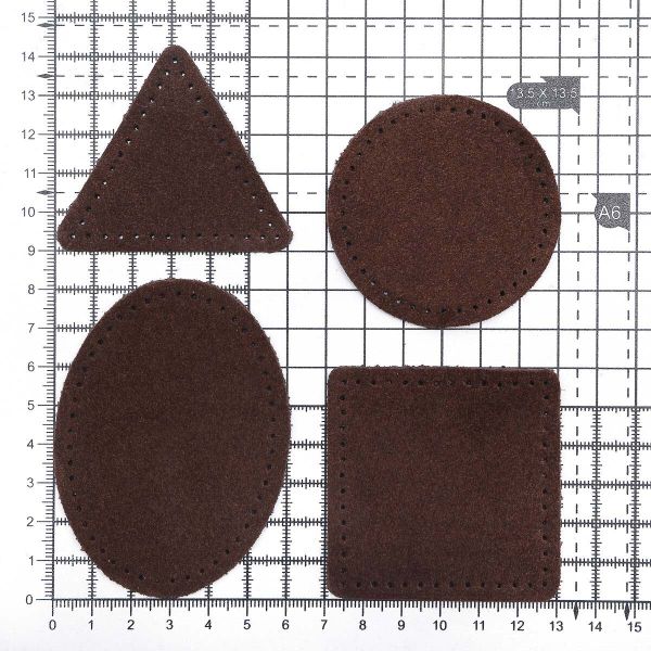 Набор заплаток пришивных из замши, круг, квадрат, треугольник, овал 6см, с перфорацией, 4 шт (21 темно-коричневый), 59723