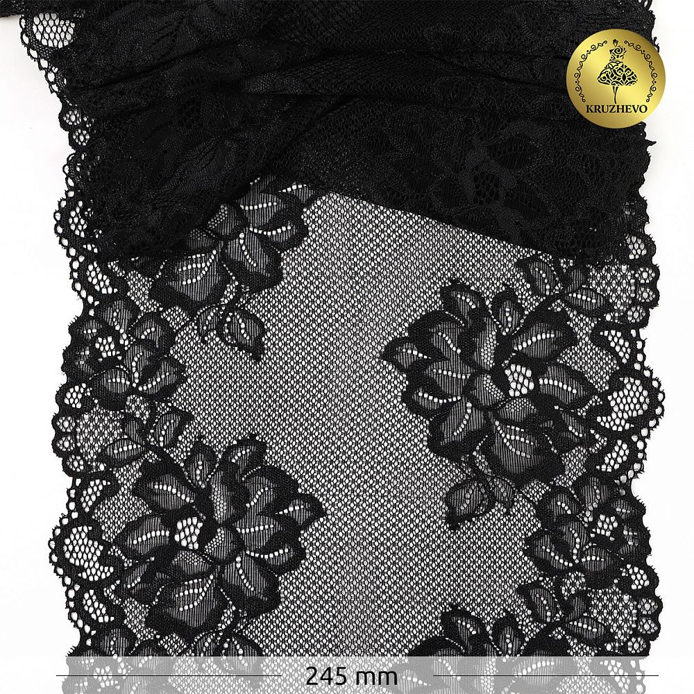 Кружево бельевое эластичное Kruzhevo 245 мм / 10 м, 6333, цв.02 черный /TOS/