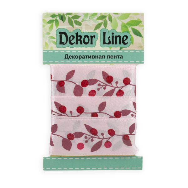 Лента атласная с рисунком 25.0 мм / 3 метра, Ягодная ветвь (розовый), Globus