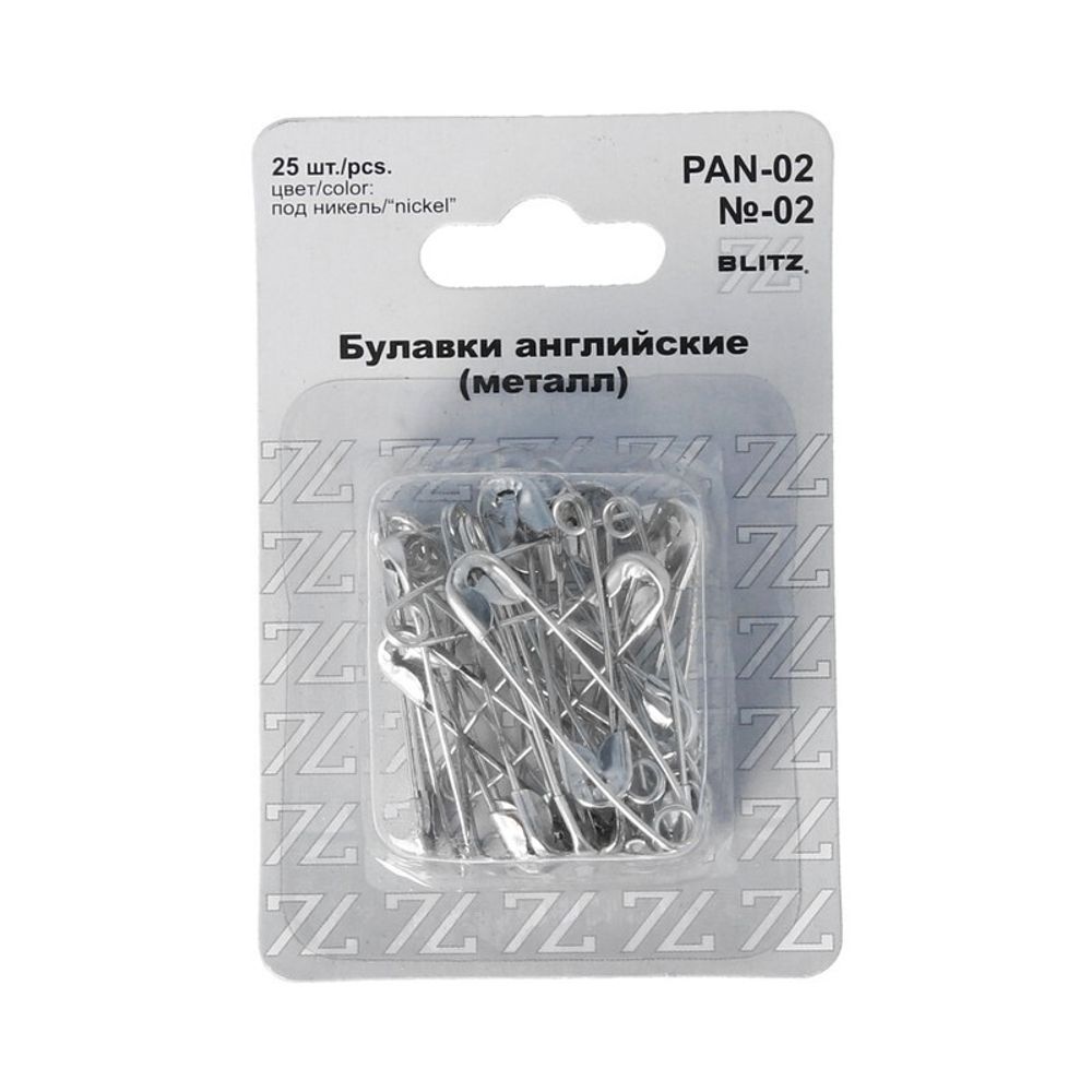 Булавки английские 36 мм, №02, 25 шт, железо, никель, Blitz PAN-02