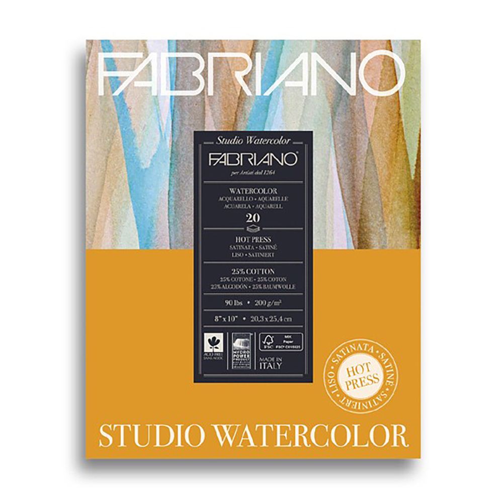 Альбом для акварели Watercolour Studio 25% хлопок, 75% целлюлоза 200 г/м², A5+ 25.4х20.3 см, склейка с одной стороны 20 л, среднезернистая, Fabriano, 19202001