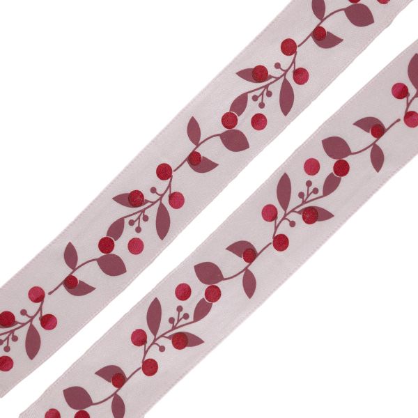 Лента атласная с рисунком 25.0 мм / 3 метра, Ягодная ветвь (розовый), Globus