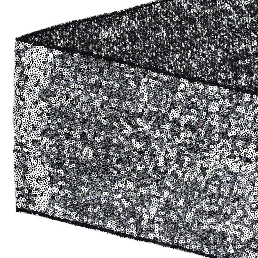 Тесьма с пайетками на сетке 150мм черный+серебро, уп.13.7м
