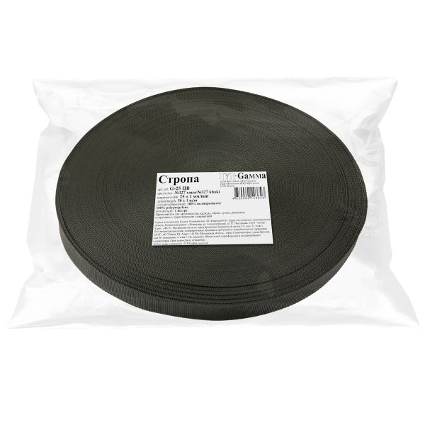 Стропа (ременная лента) 25 мм / 50 метров, толщ. 1.08 мм, [10 г/пог.м], 100% п/п, 327 хаки, Gamma G-25 ЦВ