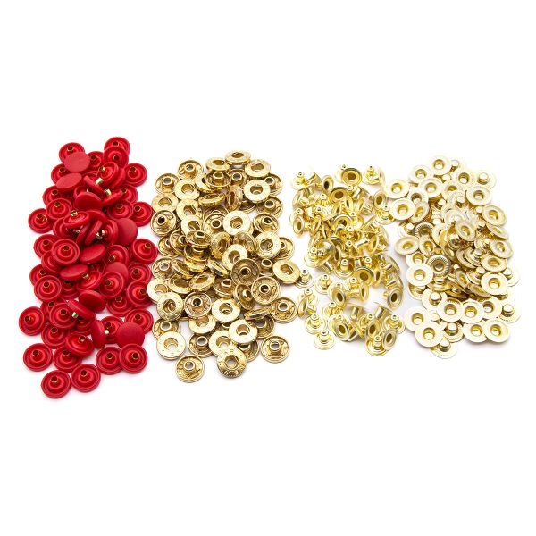 Кнопка Альфа (S-образная) ⌀15.0 мм, ≈72 шт, шляпка пластик + отв.части МЕТАЛЛ, 148 красный + отв.части золото, NEW STAR