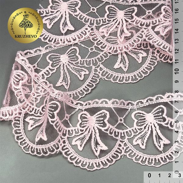 Кружево на сетке с матовой нитью с бантиками 60 мм, диз. 196, цв.розовый уп. 13.71 м, Kruzhevo