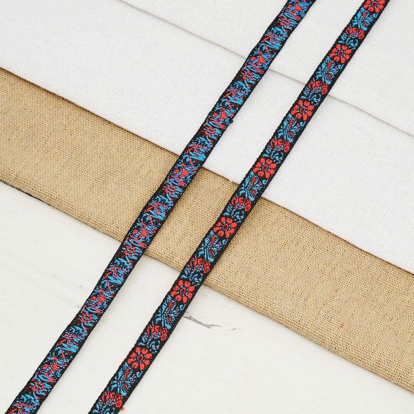 Лента (тесьма) жаккардовая 10.0 мм / 20.12 метра, черный/красный, 1172