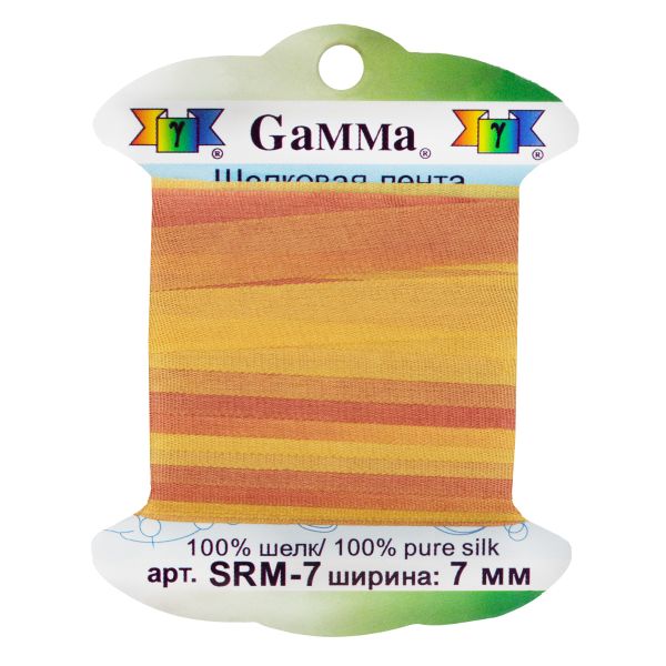 Лента (тесьма) шелковая 7.0 мм / 9.1±0.5 метров, M127 желтый/коралловый, Gamma SRM-7