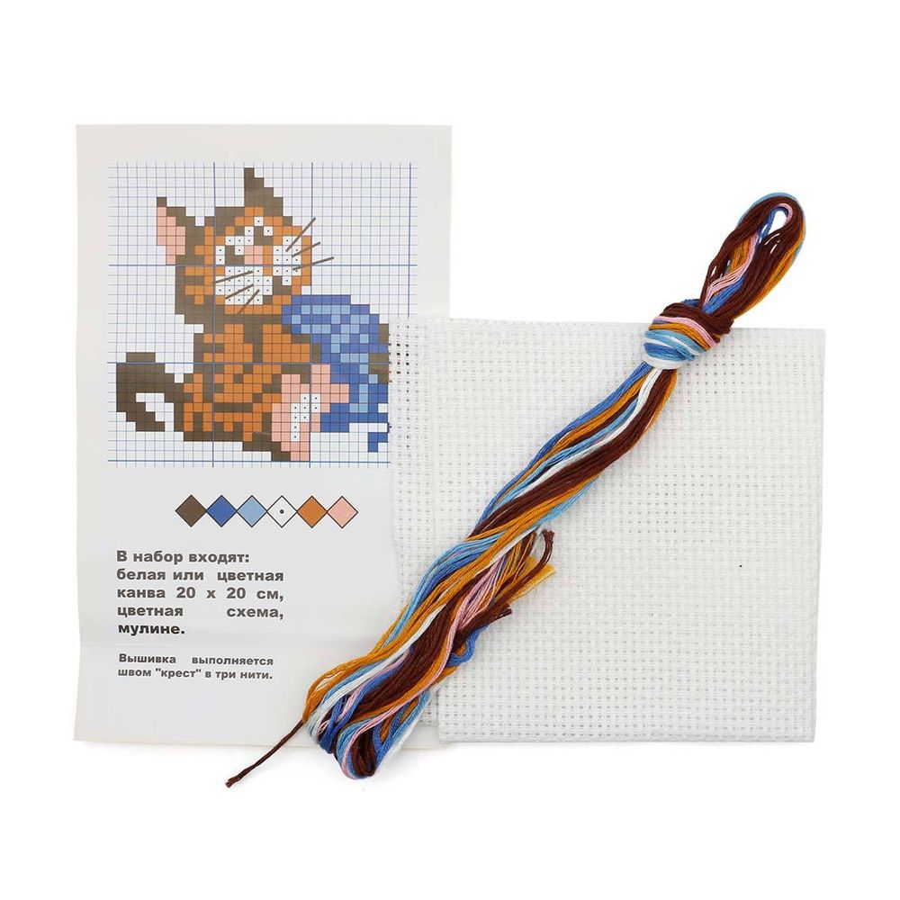 Набор для вышивания нитками РС Студия, Кошка с клубочком 8х8 см