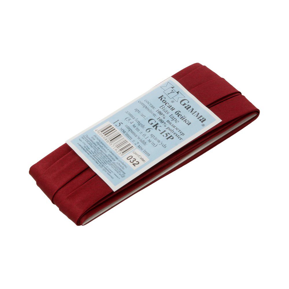 Косая бейка атласная 15 мм / 5 шт по 5.4 метра, №032 бордовый, Gamma GK-15P