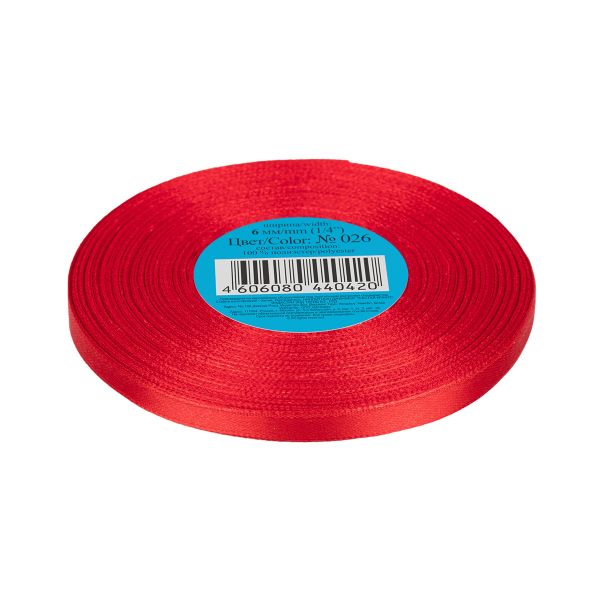 Лента атласная 1-сторонняя 6.0 мм / 33±2 метра, 026 красный, Gamma